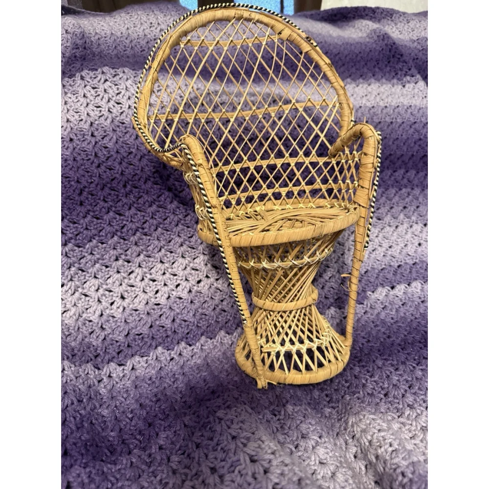 Vintage Wicker Peacock Chair Boho Plant Stand Doll Rattan 16”